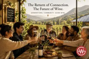 People toasting at a vineyard table gathering.