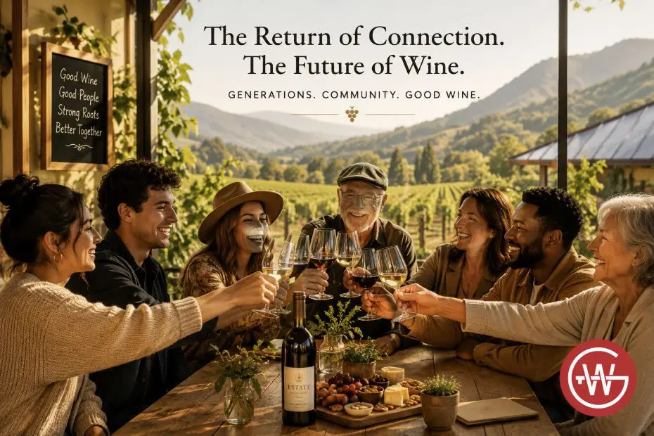 People toasting at a vineyard table gathering.