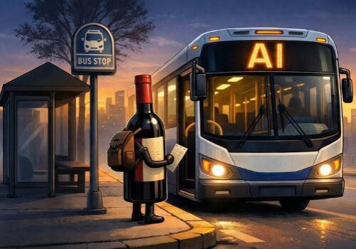 Anthropomorphic wine bottle boarding bus labeled AI