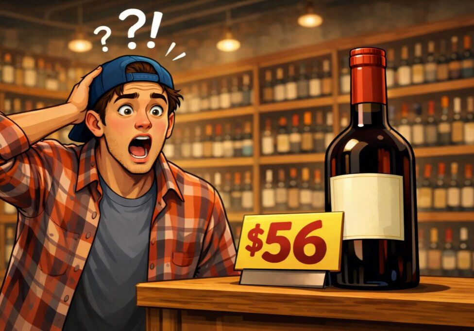 Surprised shopper staring at $56 wine bottle