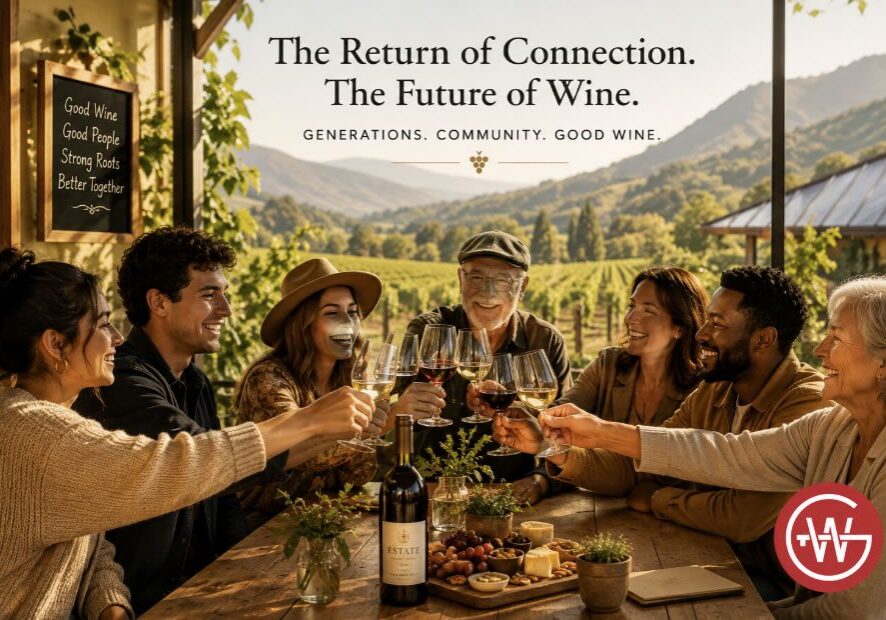 People toasting at a vineyard table gathering.